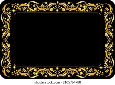 Golden Floral Border Frame Card Design with starlight on black background