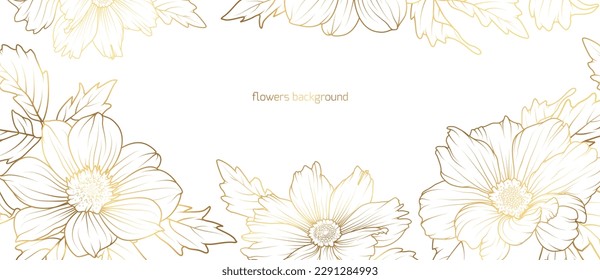 Golden floral border frame card template.  Gold line cosmos flower, daisy, dahlia flowers for bunner, wedding card. Rectangle corners sides decoration.