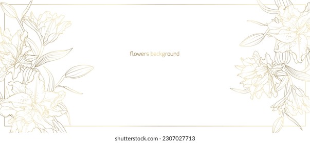 Golden floral border frame card template. Gold lily flower line art for bunner, wedding card. Rectangle corners sides decoration.