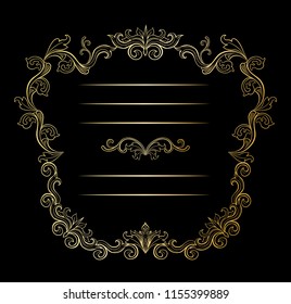 Golden floral border and Frames with place for text. Copy space and dividers or flourishes. Italian gold vintage ornament. Isolated wedding greeting card, certificate and diploma. Headpiece template