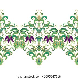 Golden floral border ornamen with purple-violet bellflowers, vector floral branch on white  background