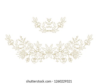 Golden floral border ornament, vector floral branch, arrangement of flowers on white background