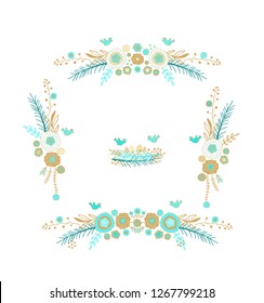 Golden floral border ornament, vector floral branch, arrangement of flowers on white background