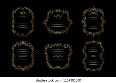 Golden floral Borders, Frames Set with place for text. Copy space and dividers or flourishes. Italian gold vintage ornament. Isolated wedding greeting card, certificate and diploma. Headpiece template