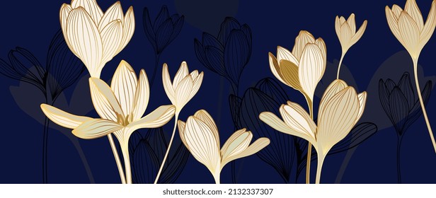 Golden floral and botanical on dark blue background Luxury blossom wallpaper of line art crocus flower and blooms,. Elegant exotic plants with gold line art for banner, prints, decoration, wall art.