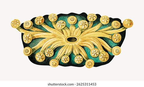 Golden floral brooch with intricate design. Decorative brooch features floral patterns. Elegant accessory with gold and floral motifs. Vintage brooch style. Vintage art illustration vector.