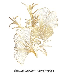 Golden floral composition with line troical protea flower and leaves on white. Romantic design for natural cosmetics, perfume, women products. Can be used for greeting card, wedding invitation.