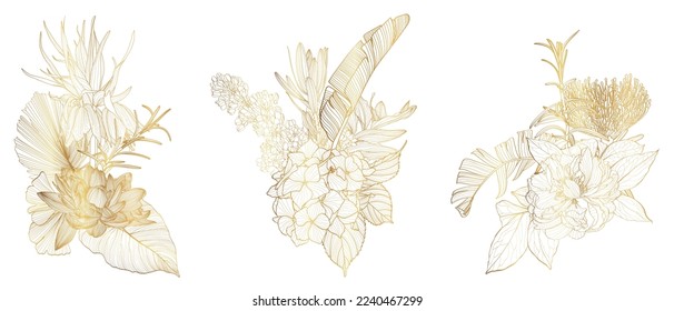 Golden floral composition set with line troicala flower and leaves on white. Romantic design for natural cosmetics, perfume, women products. Can be used for greeting card, wedding invitation.