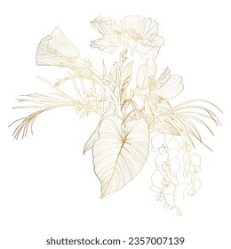 Golden floral composition set with line  flowers and palm leaves on white. Romantic design for natural cosmetics, perfume, women products. Can be used for greeting card, wedding invitation.