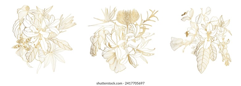 Golden floral composition set with line troicala flower and leaves on white. Romantic design for natural cosmetics, perfume, women products. Can be used for greeting card, wedding invitation.