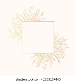 Golden floral corner frame with branches, flowers and herbs. Elegant leaf invitation decor for wedding card. Vector isolated spring gold flourish border.