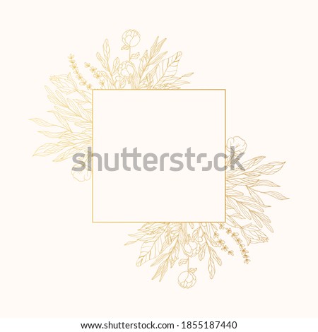 Golden floral corner frame with branches, flowers and herbs. Elegant leaf invitation decor for wedding card. Vector isolated spring gold flourish border.