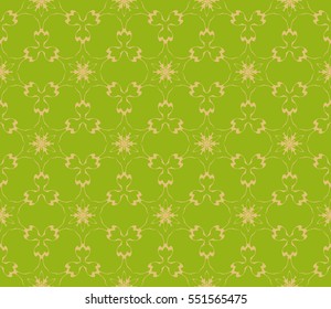 Golden floral creative geometric ornament on green background. Seamless vector illustration. For interior design, wallpaper, invitation