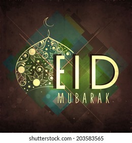 Golden floral decorated mosque and stylish text Eid Mubarak on abstract background for Muslim community festival celebrations. 