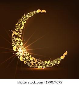 Golden floral design decorated crescent moon on brown background for holy month of Muslim community Ramadan Kareem. 