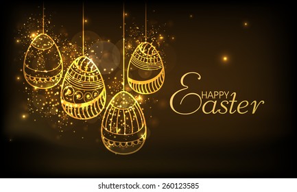 Golden floral design decorated eggs hanging on shiny brown background for Happy Easter celebration.