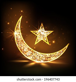 Golden floral design decorated moon and star on shiny brown background for holy month of muslim community Ramadan Kareem.