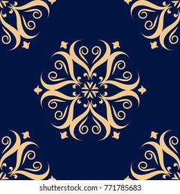 Golden floral design on dark blue background. Seamless pattern for textile and wallpapers