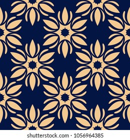 Golden floral element on dark blue background. Seamless pattern for textile and wallpapers