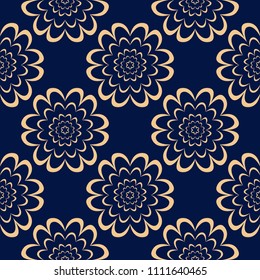 Golden floral element on dark blue background. Seamless pattern for textile and wallpapers
