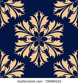 Golden floral element on dark blue background. Seamless pattern for textile and wallpapers