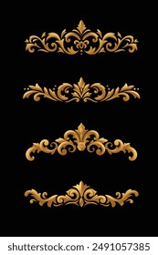 Golden floral elements and embellishments in retro style isolated on black background. Set of Vintage border element