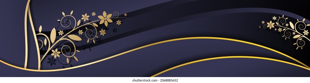 Golden floral elements, flowing stripes, overlapping wavy shapes on a dark background.A beautiful illustration for corporate designs, blogs, postcards, posters and your other projects.Vector .