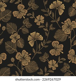 Golden floral embroidery on a black background. Vector seamless pattern. 