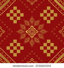 Golden floral geometric fabric with snowflake accents in a vintage red and gold seamless design.