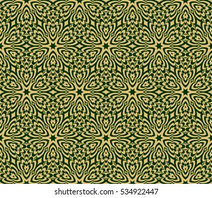 Golden floral geometric ornament on green background. Seamless vector illustration. For interior design, wallpaper