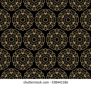 Golden floral geometric ornament on black background. Seamless vector illustration. For interior design, wallpaper