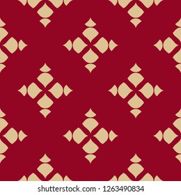 Golden floral geometric seamless pattern. Gold and burgundy color. Vector abstract background with simple flowers, petals, leaves. Elegant texture in Asian style. Repeating design for decor, carpet