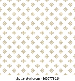 Golden floral geometric seamless pattern. Simple vector minimalist ornament with small flower shapes. White and gold minimal background. Elegant abstract texture. Luxury design for decor, wallpapers