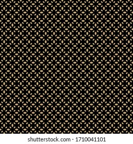 Golden floral geometric seamless pattern. Simple minimal vector ornament with small flower shapes, diamonds. Elegant minimalist background. Gold and black luxury texture. Repeat design for wallpapers