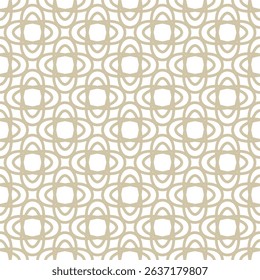 Golden floral grid ornament. Vector abstract geometric seamless pattern with flower silhouettes, intertwined curved lines, lattice. Luxury white and gold background. Retro vintage repeatable design