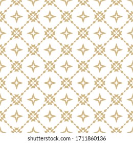 Golden floral grid seamless pattern. Abstract geometric texture. Simple vector gold and white ornament with small floral shapes, rhombuses, stars, grid, net, lattice. Luxury repeated decorative design