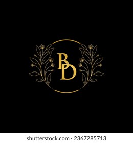Golden floral letter B and D logo Icon, Luxury alphabet font initial design isolated on black background