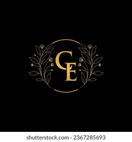 Golden floral letter C and E logo Icon, Luxury alphabet font initial design isolated on black background