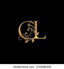 Golden floral letter C and L, CL logo Icon, Luxury alphabet font initial design isolated on black background.