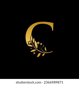 Golden floral letter C logo Icon, Luxury alphabet font initial design isolated on black background