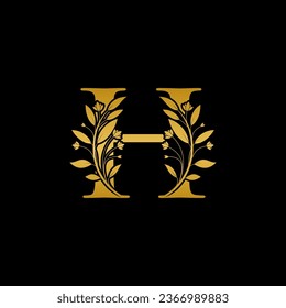 Golden floral letter H logo Icon, Luxury alphabet font initial design isolated on black background