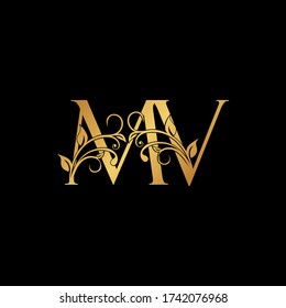 Golden floral letter M and V, MV logo Icon, Luxury alphabet font initial design isolated on black background.