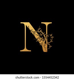 Golden Floral Letter N logo icon.  Design concept vintage golden floral with letter logo icon best for initial, luxury, boutique, restaurant, wedding service, hotel.