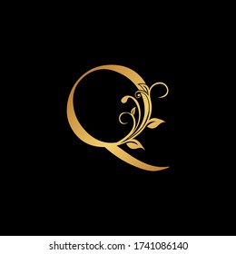 Golden floral letter Q logo Icon, Luxury alphabet font initial design isolated on black background.