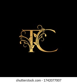 Golden floral letter T and C, TC logo Icon, Luxury alphabet font initial design isolated on black background.