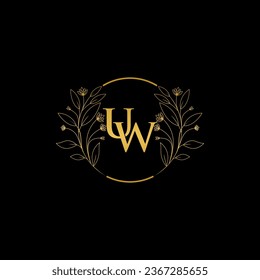 Golden floral letter U and W logo Icon, Luxury alphabet font initial design isolated on black background