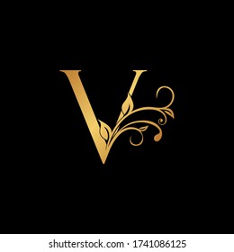 Golden floral letter V logo Icon, Luxury alphabet font initial design isolated on black background.