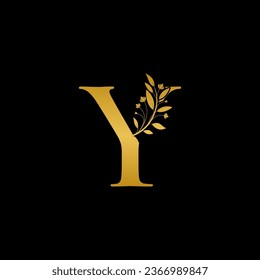 Golden floral letter Y logo Icon, Luxury alphabet font initial design isolated on black background