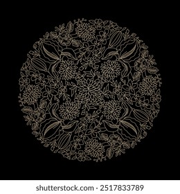 Golden floral mandala on black background. Vector design element for wallpaper, gift paper, fabric print, furniture, curtains. Mandala design element. Unusual flourish ornament. Black, golden