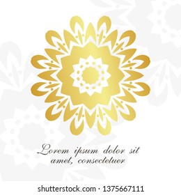 Golden floral motif. Elegant ornamental emblem on the white background. Vector illustration for event invitation, ceremony card or celebration banner.